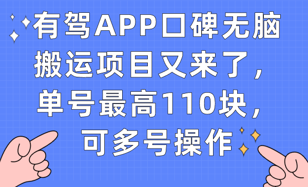 （7314期）有驾APP口碑无脑搬运项目又来了，单号最高110块，可多号操作